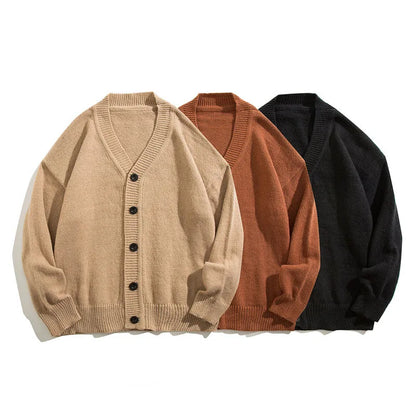 maoxiangshop Autumn Winter Men Casual V-Neck Cardigan Sweaters Solid Color Long Sleeve Outerwear Single-breasted Male Loose Knitted Coats