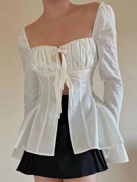 maoxiangshopY2K White slim fit pleated lace up corset for women fashion square neck long flare sleeve top Spring lady party chic shirt 2024