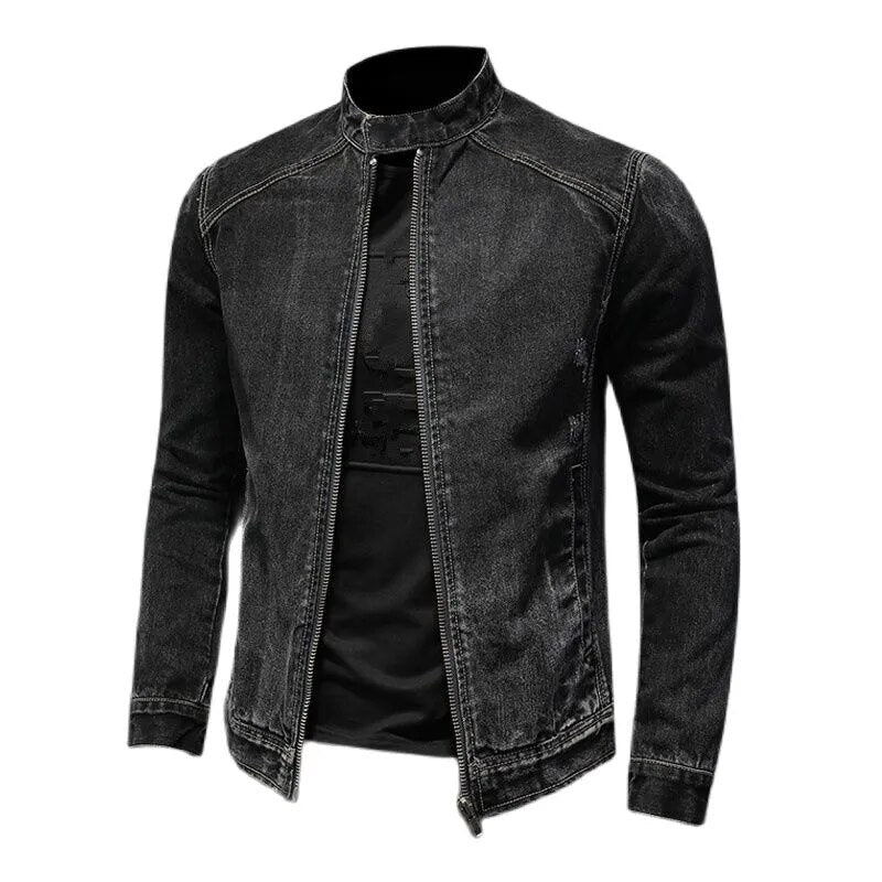 maoxiangshop High Quality Men's Denim Jackets Black Stand Collar Motorcycle Outerwear Cotton Vintage Bomber Jacket Mens Moto Biker Denim Coat