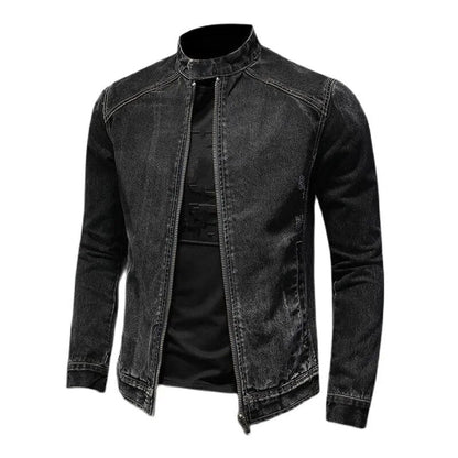 maoxiangshop High Quality Men's Denim Jackets Black Stand Collar Motorcycle Outerwear Cotton Vintage Bomber Jacket Mens Moto Biker Denim Coat
