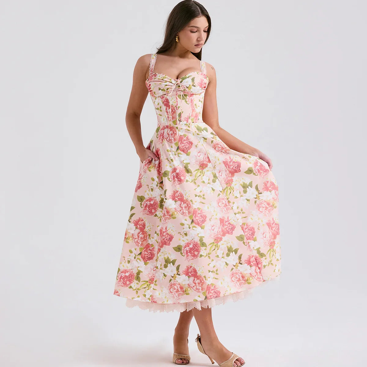 Elegant Summer Midi Dress New Arrivals Floral Print Holiday Flare Party Dress Casual Women Dress Wholesale