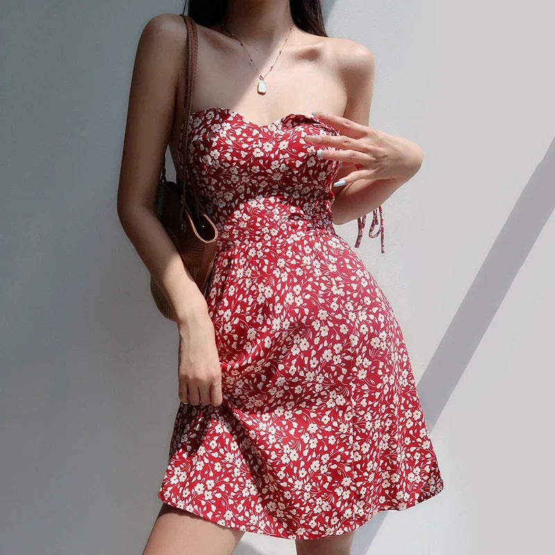 maoxiangshop Summer Red Floral Print Dress Women Elegant Chiffon Spaghetti Strap Dress Woman Sexy Beach Backless Ladies Dresses