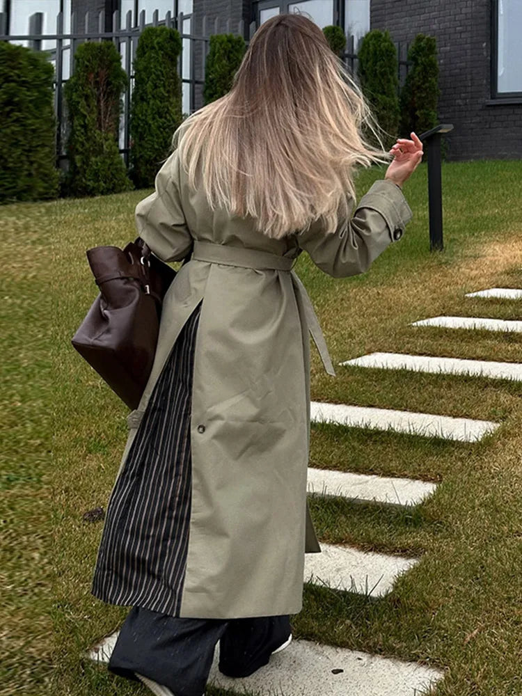 maoxiangshop  -  Vintage Splicing Striped Khaki Trench Women Retro Lapel Single-Breasted Long Windbreaker Lady Autumn Elegant Chic Street Outwear