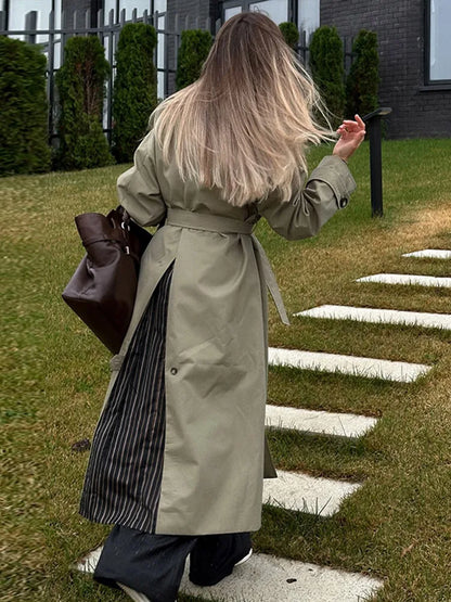 maoxiangshop  -  Vintage Splicing Striped Khaki Trench Women Retro Lapel Single-Breasted Long Windbreaker Lady Autumn Elegant Chic Street Outwear