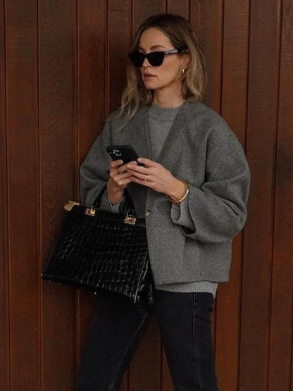 maoxiangshop  -  Woolen Coat Women Grey Autumn Winter Crop Overcoat Lady Elegant Fashion Long Sleeve Jacket Female Casual Loose V-Neck Coats
