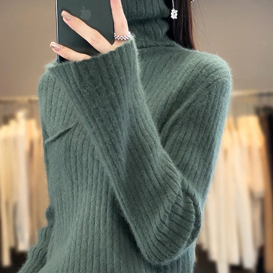 maoxiangshop Pure Mink Cashmere Sweater Women,High Pile Neck Knit Jumper,Wide Strip Large Size Long Sleeves,Autumn,Hot Sale