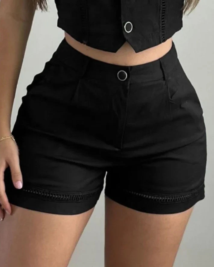 maoxiangshop New Fashion 2024 Summer Casual Sexy Elegant Hollow Out Buttoned Vest Top & Shorts Set Womens Two Piece Sets Outfit