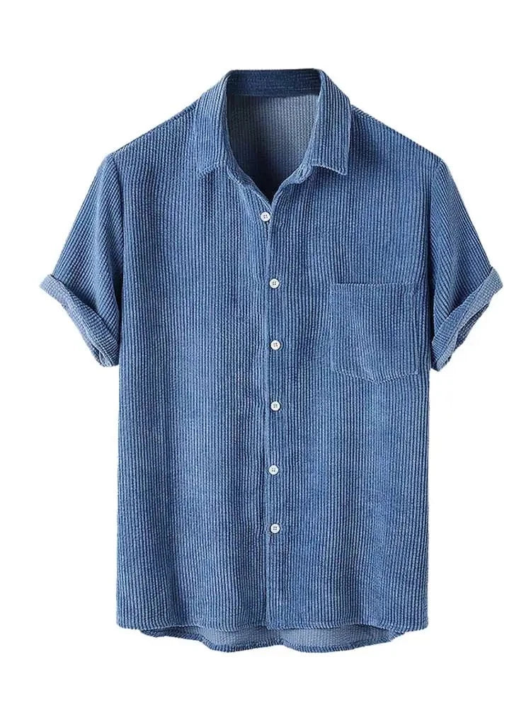 maoxiangshop Men's Shirt Corduroy Short Sleeve Blouses Casual Solid Streetwear Shirts Summer Ribbed Plain Button Y2K Tops