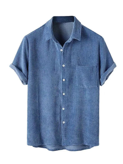 maoxiangshop Men's Shirt Corduroy Short Sleeve Blouses Casual Solid Streetwear Shirts Summer Ribbed Plain Button Y2K Tops