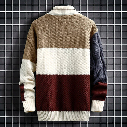 maoxiangshop Autumn Winter Men Sweater Warm Top New Fashion Stitching Color Matching Pullover Round Neck Sweater Thickened Knitted Sweater