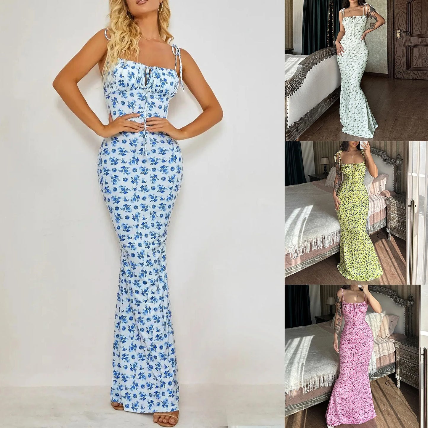 maoxiangshop Backless Slip Floral Maxi Dress Women Summer Trendy Retro Sexy Sleeveless Low Cut Bodycon Beach Party Sundress