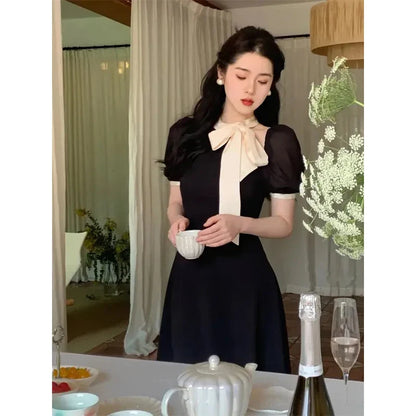 Vintage Elegant Dress Women Fairy Bow Lace Up Puff Sleeves A Line Midi Dresses Summer Office Lady Korean Casual Vestidos