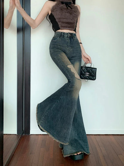 Korean Fashion Women Ripped Denim Pants Vintage Flare Jeans Harajuku Y2k Japanese Streetwear Grunge Trousers Kpop Grunge 2000s