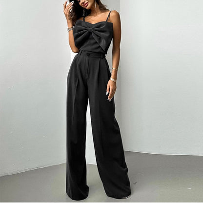 maoxiangshop Women Sexy Hollow Out Solid Sling Tank Suits Fashion Party Two Piece Set Elegant Bowknot Crop Top And Long Pants Commute Outfits