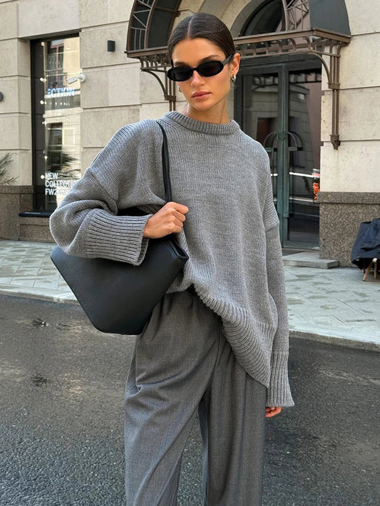 maoxiangshop  -  Gray Warm Knitted Sweater Women Long Sleeves Casual Round Neck Solid Pullover Tops Autumn Winter Office Lady Sweater