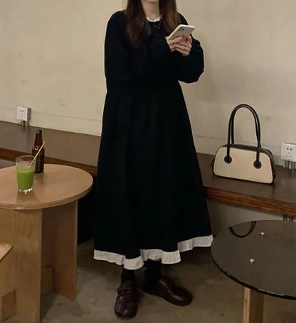 maoxiangshop Autumn New Korean Style Dress Women Ruffles Patchwork O Neck Long Sleeve Dresses Slim Waist Elegant Vestidos Mujer