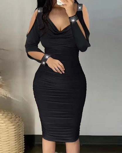 maoxiangshop Autumn Sexy Elegant Off Shoulder Party Tight Dress Women Fashion V-Neck Hollow Out Diamond Long Sleeve Stacked Slim Dress Women