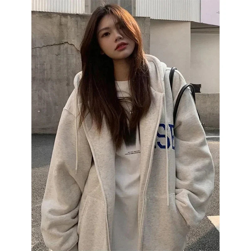 maoxiangshop Streetwear Zip Up Hoodies Women Oversized Letter Print Sweatshirt Harajuku Korean Plus Fleece Thick Casual All Match Tops
