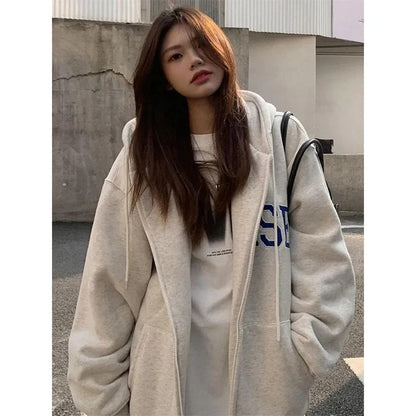 maoxiangshop Streetwear Zip Up Hoodies Women Oversized Letter Print Sweatshirt Harajuku Korean Plus Fleece Thick Casual All Match Tops