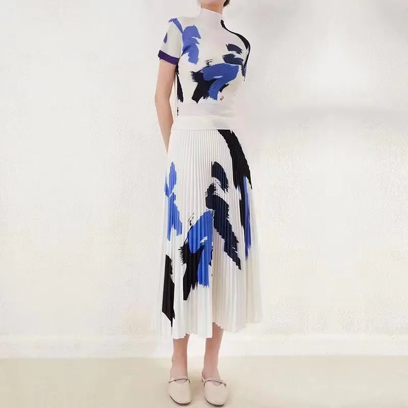 maoxiangshopMiyake Pleated Suit Women's Sping/Summer New Fashion Printing All-match Large Size Slim Top&Skirt 2 Pcs Set