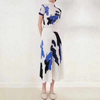 maoxiangshopMiyake Pleated Suit Women's Sping/Summer New Fashion Printing All-match Large Size Slim Top&Skirt 2 Pcs Set