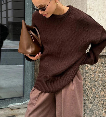maoxiangshop  -  Gray Warm Knitted Sweater Women Long Sleeves Casual Round Neck Solid Pullover Tops Autumn Winter Office Lady Sweater