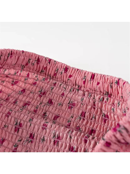 maoxiangshop  -  Girl's Cute Flower Print High Waist Pleated Mini Skirts Women 2024 Summer New Fashion Elastic Short Skirt