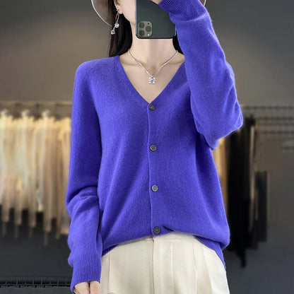 maoxiangshop New Fashion Spring Autumn 100% Merino Wool Women's V-neck Cardigan Cashmere Sweater 2024 Female Knitwear Clothing Korean Tops