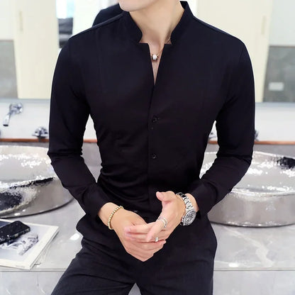 maoxiangshop Mens Long Sleeve Shirt High Quality Stand Collar Casual Slim Solid Color Summer Fashion Men's Clothing Shirt Oversized Size 5XL
