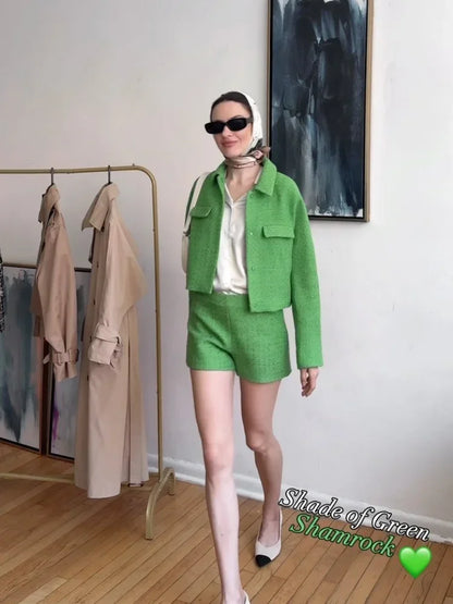 maoxiangshop  -  Chic Green Woollen Women's Coat Luxury Warm Lapel Collar Long Sleeves Jacket 2024 Autumn Female Office High Street Outercoat