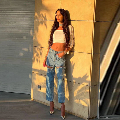 maoxiangshop -  Chic Diamond Design Blue Distressed Relaxation of Tall Waist Wide Legged Pants Women 2024 Spring Autumn Hollow Out Ladies Jeans