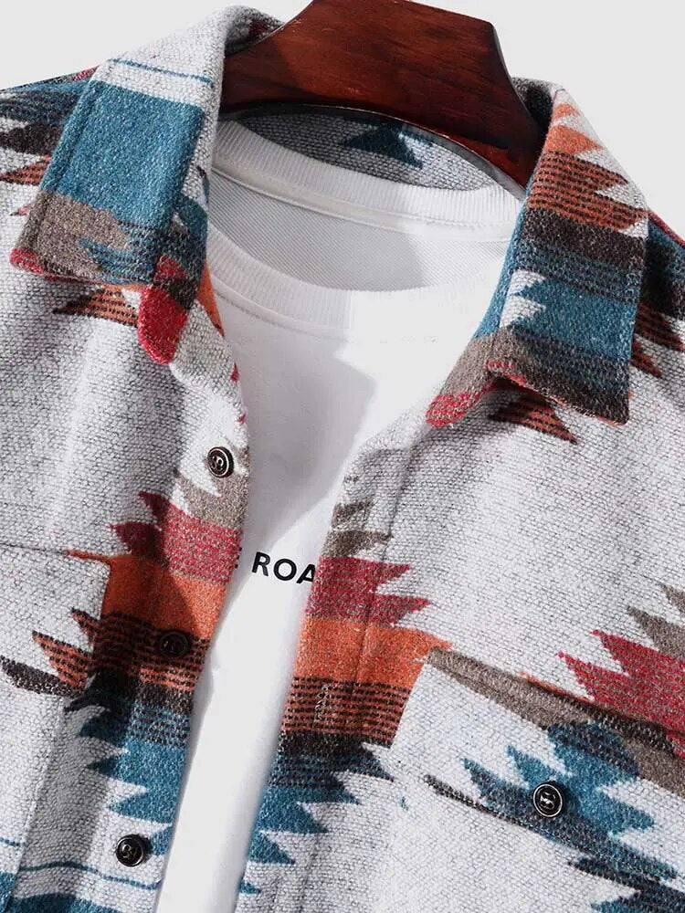 maoxiangshop Shirt Jacket for Men Tribal Geometric Print Blend Wool Ethnic Jacket Blouse Outerwear Fall Winter Long Sleeve Shacket Tops