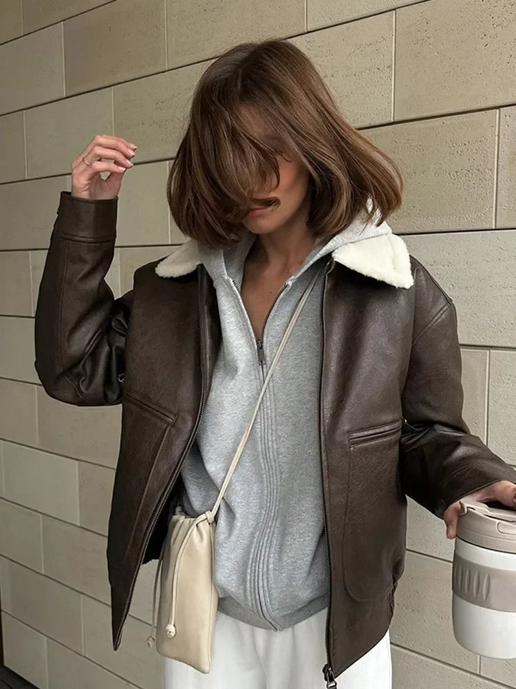 maoxiangshop  -  Solid Color Full Sleeve Zipper Faux Leather Jackets For Women Lamb Wool Lapel Demi-season Coats Autumn Warm New High Streetwear