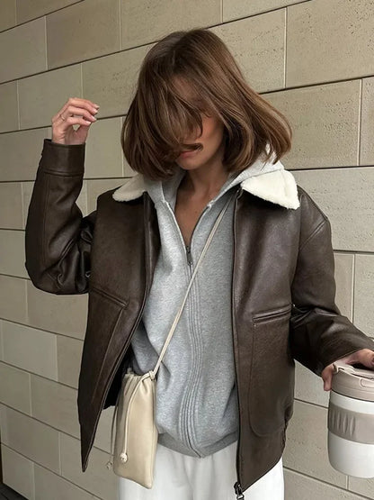 maoxiangshop  -  Solid Color Full Sleeve Zipper Faux Leather Jackets For Women Lamb Wool Lapel Demi-season Coats Autumn Warm New High Streetwear