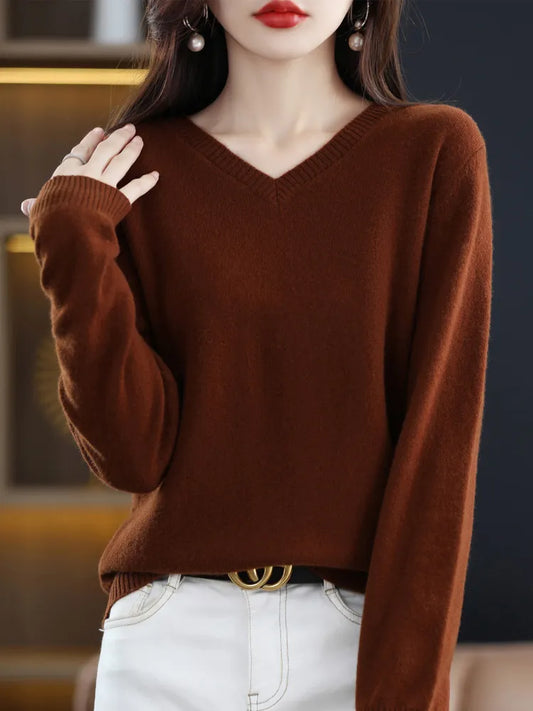 maoxiangshop Cashmere Sweater Women's Knitting Sweater 100% Pure Merino Wool Winter Fashion Basic V-neck Chic Top Autumn Warm Pullover