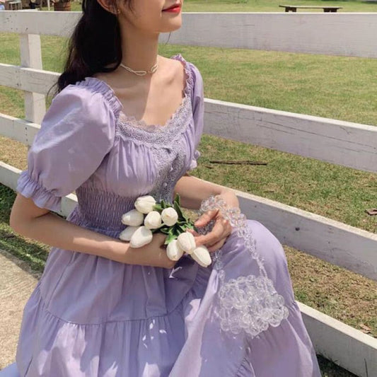 maoxiangshop Fashion Women Purple Elegantes Long Dress Cottage Core Vintage Women's Wear Aesthetic Summer Fairy Dress