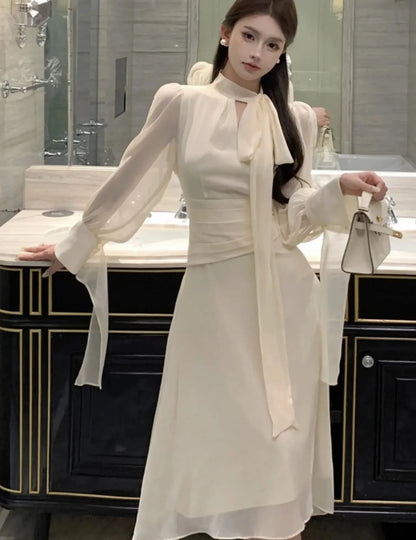 maoxiangshop Korean Chic Irregular Midi Dress Elegant Lace Up Long Sleeve A-line Vestidos Women French Fashion Fairy Holiday Clothes