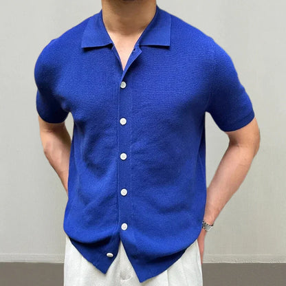 maoxiangshop Leisure Knitting Mens Shirt Short Sleeve Button Turn-down Collar Houndstooth Knit Tops Beach Men Summer Casual Solid Color Tops