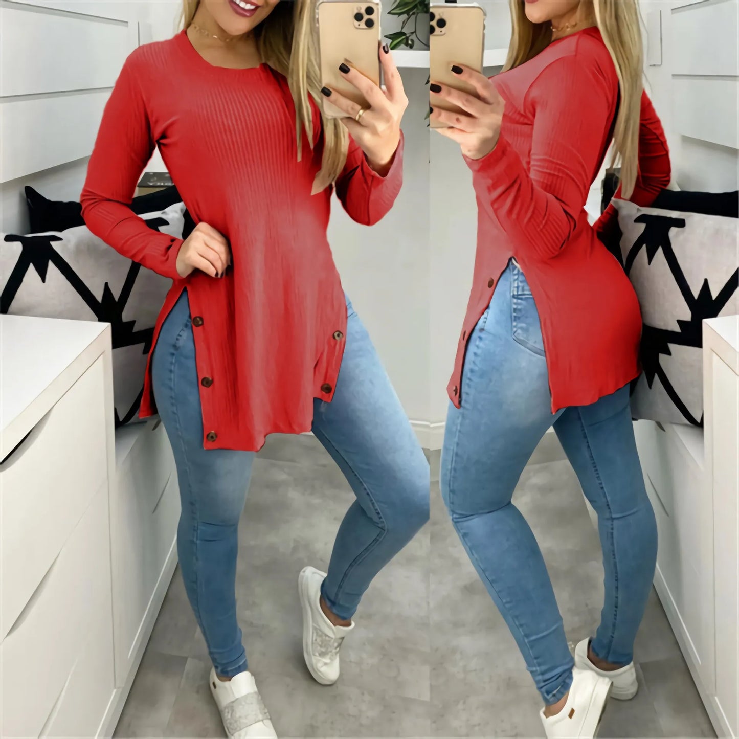 maoxiangshop Pit strip solid color round neck slit button long sleeve T-shirt large size women's blouse