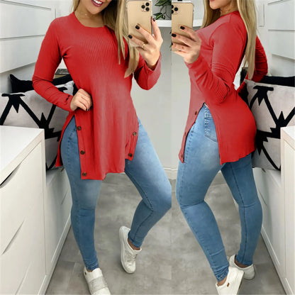 maoxiangshop Pit strip solid color round neck slit button long sleeve T-shirt large size women's blouse