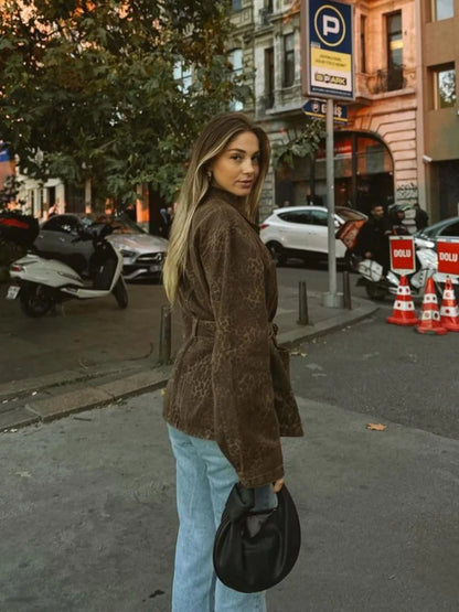 maoxiangshop  -  Leopard Jacket Women Lace up Lapel Autumn Coffee Print Women's Shirts Pockets Loose Casual Outerwears Female High Street Hipster
