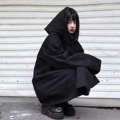 Harajuku Black Jacket Women Dark Academic Long Sleeve Loose Hooded Midi Outwear Bf Streetwear Oversized Casual Capes Coats