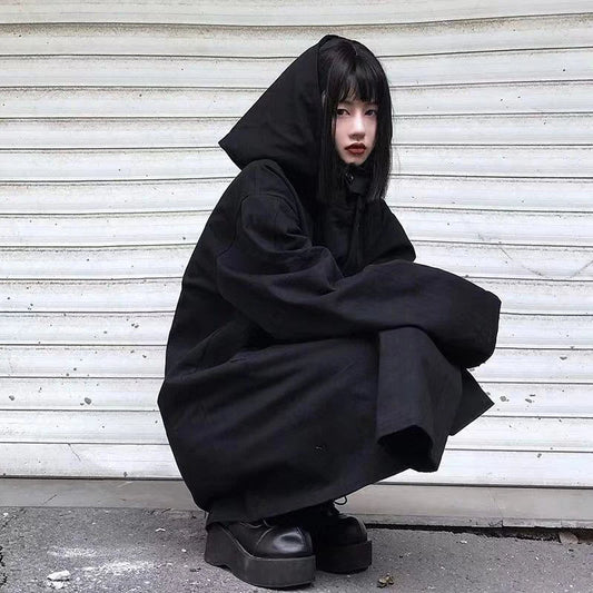 Harajuku Black Jacket Women Dark Academic Long Sleeve Loose Hooded Midi Outwear Bf Streetwear Oversized Casual Capes Coats