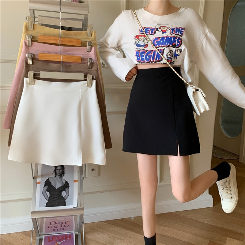 maoxiangshop Summer Women Mini Solid A-line Skirts Above Knee Simple Skirt With Linning Female Short Split Bottoms For Girls