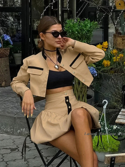 maoxiangshop  -  Khaki Women Street Fashion Suit Patchwork Crop Tops Shirts + Bud Skirts Two Pieces Sets Autumn 2024 Sexy Mini Skirts Outfit