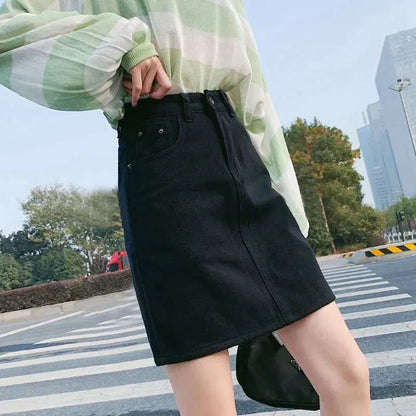 Lucyever Korean Women's Denim Skirt 2023 Summer High Waist A Line Mini Skirt Female Casual Pocket Solid Simple Jeans Skirt