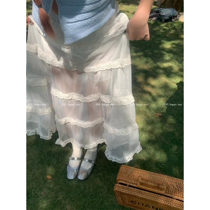 maoxiangshop Maxi Long Tulle White Mesh Skirts for Women Gothic Pleated Skirt Casual Fairycore Summer Jupe Longue Falda Mujer