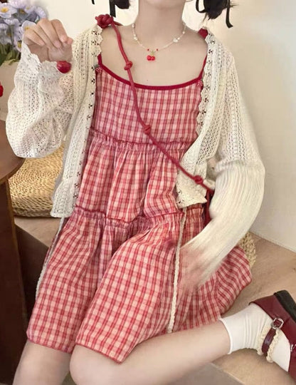 maoxiangshop Japanese Kawaii Lolita Dress Women Sweet Red Plaid Party Mini Dress Female Korean Fashion Loose Y2k Princess Dress New In Autumn