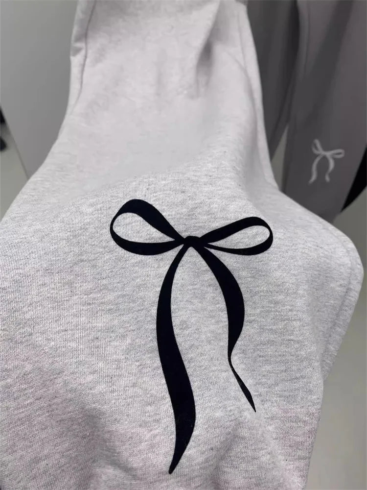 maoxiangshop -  Korean Fashion Fleece Sweatpants Women Y2K Bow Print Brushed Pants Oversized Winter Fairycore Wide Leg Joggers Pants