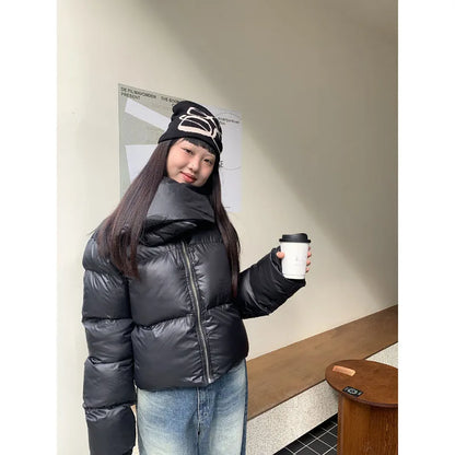 maoxiangshop  -  American High Street Stand Collar Thicken Warm Cotton-Padded Coat Women Winter New Solid Pop Simple Design Sense Short Coat